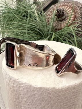UNO de 50 Silver-Tone Bracelet and Ring Set with Garnet-Red Stones